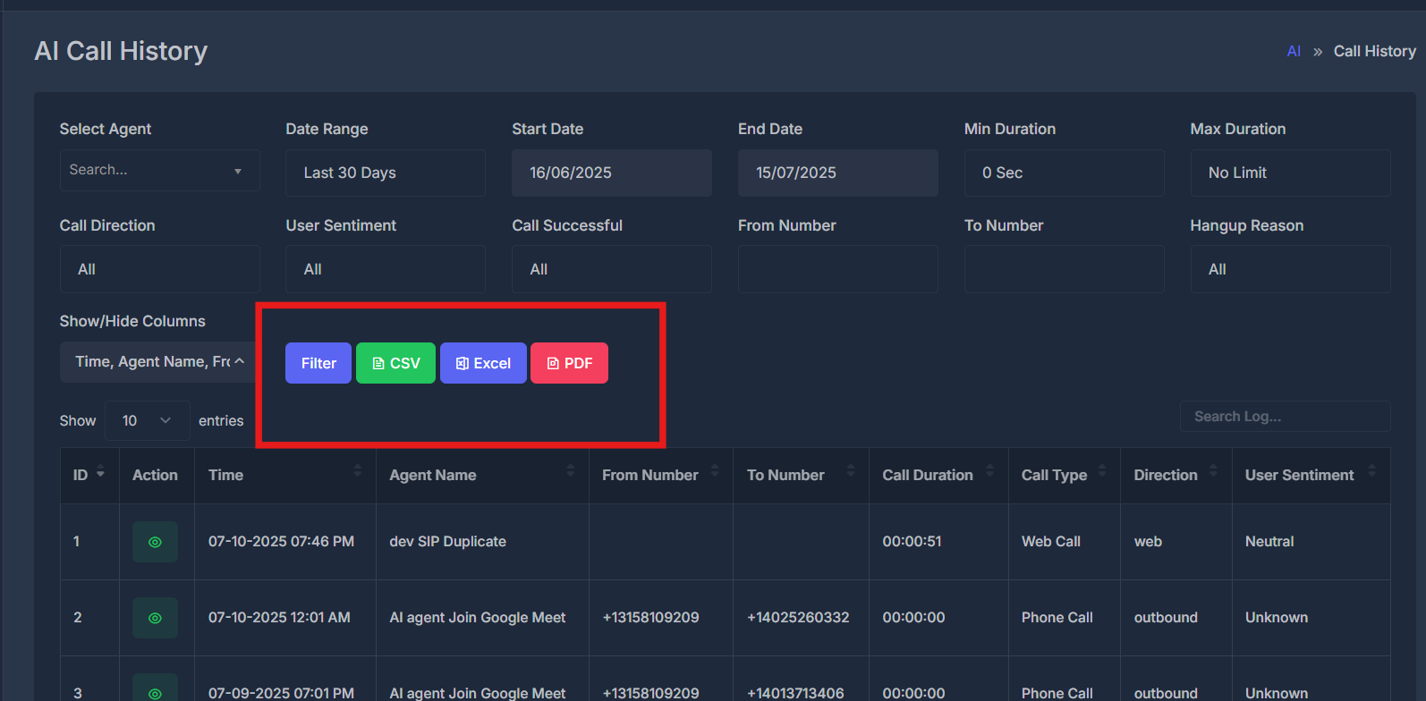 Filter, CSV, Excel, and PDF actions