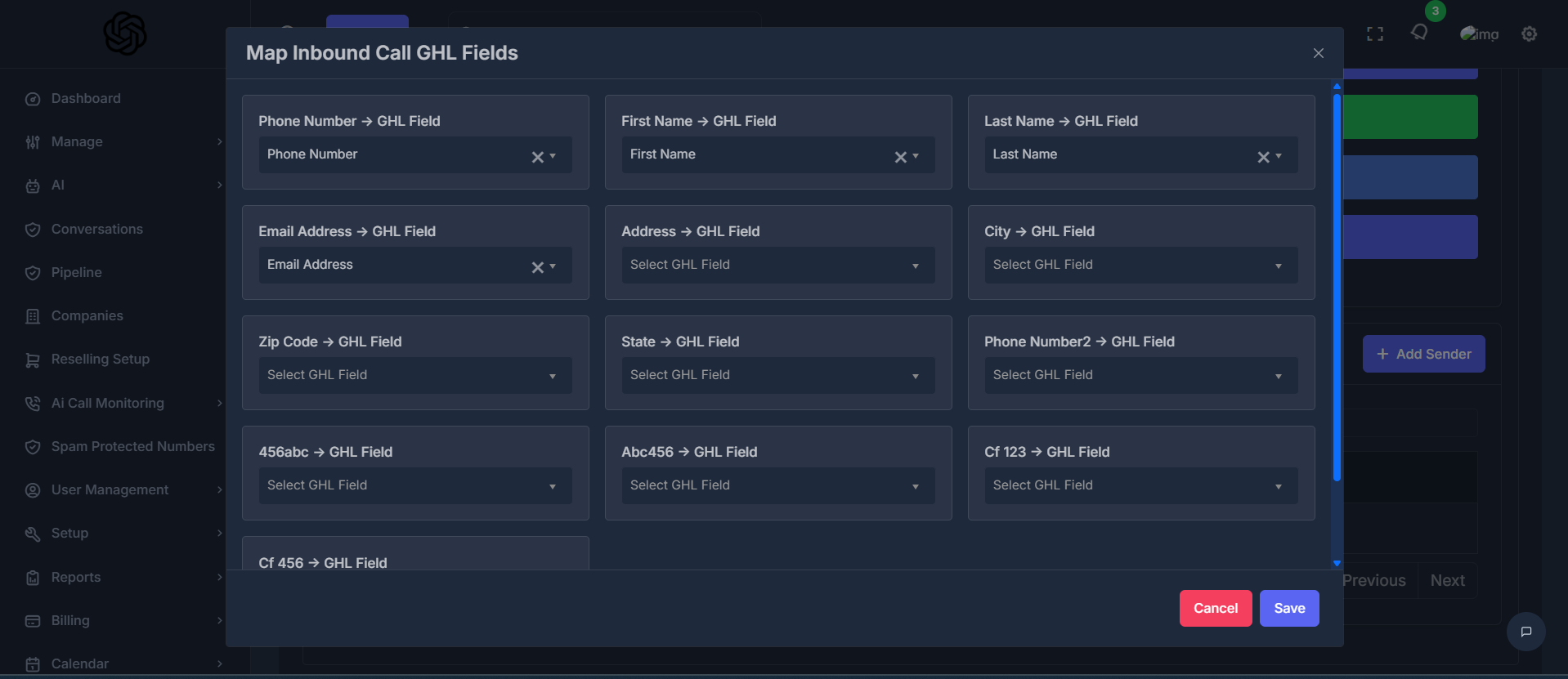 Map inbound call GHL fields