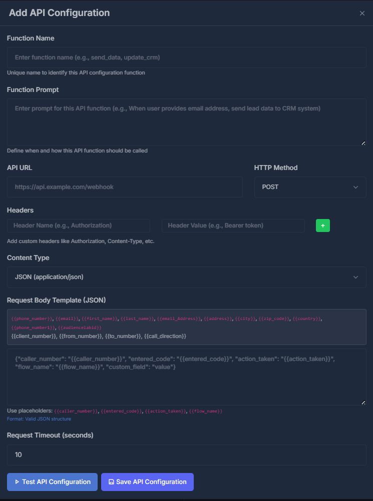 Add or edit API configuration form