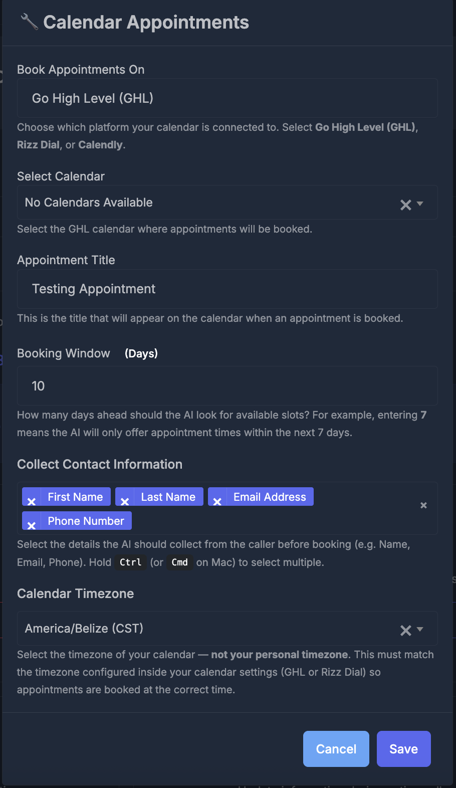 Appointment details customization, contact collection, and configuration options