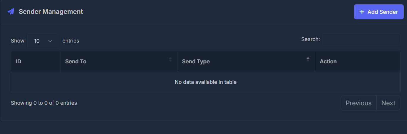Sender Management table with Add Sender button