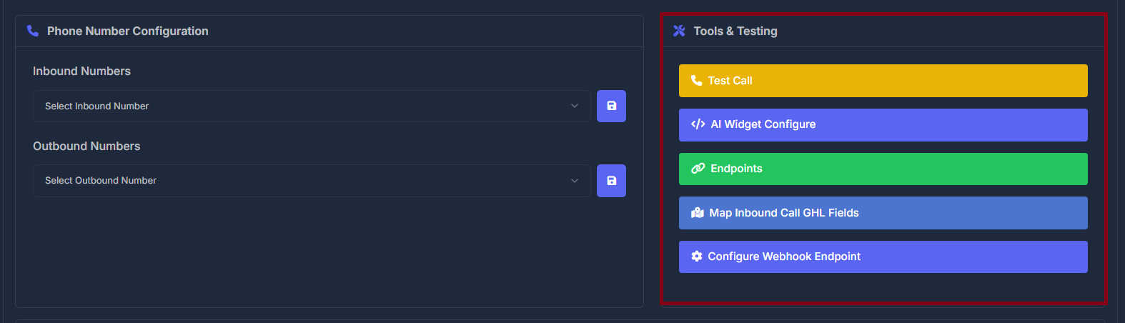 Test Call, AI Widget, Endpoints, GHL fields, Webhook