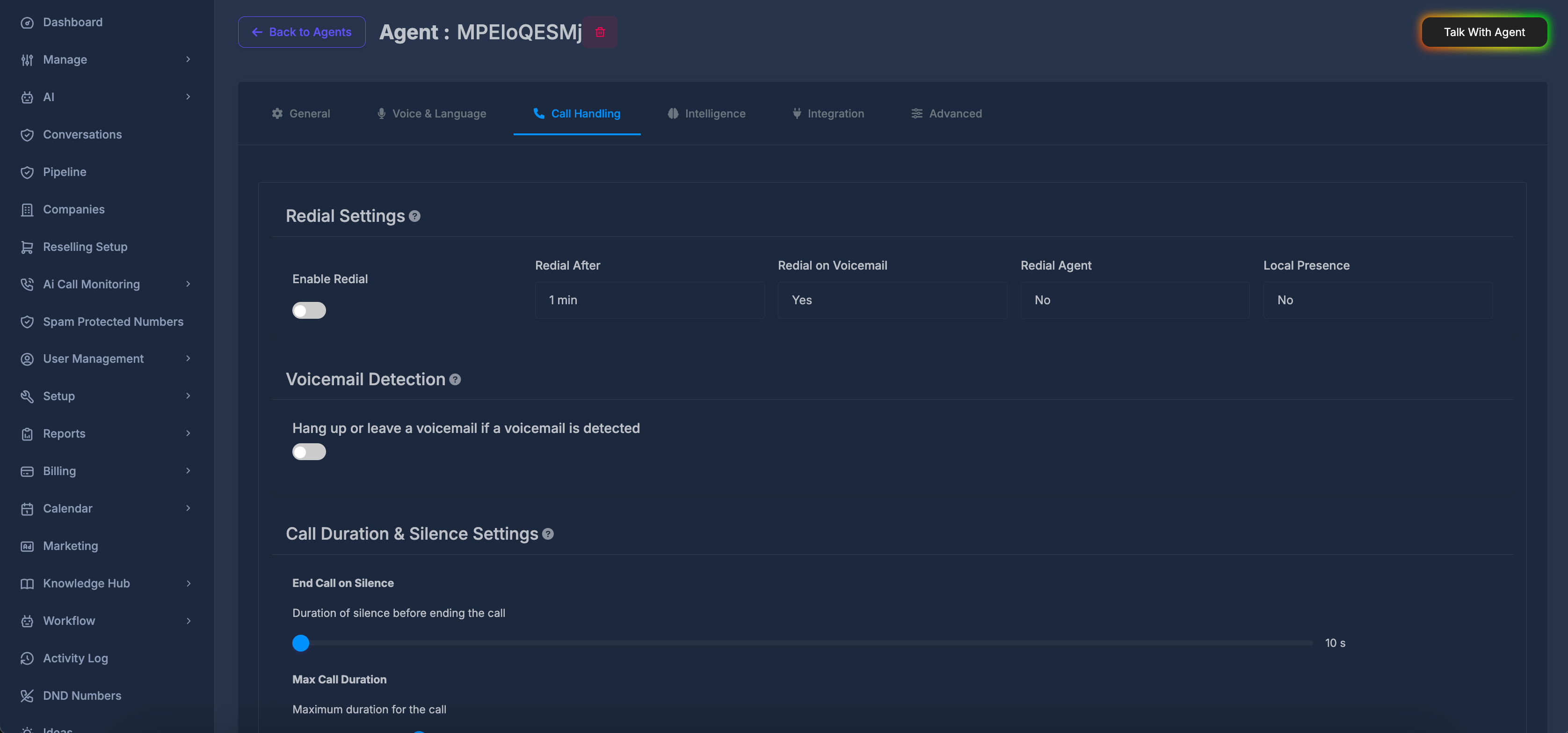 Call Handling tab overview