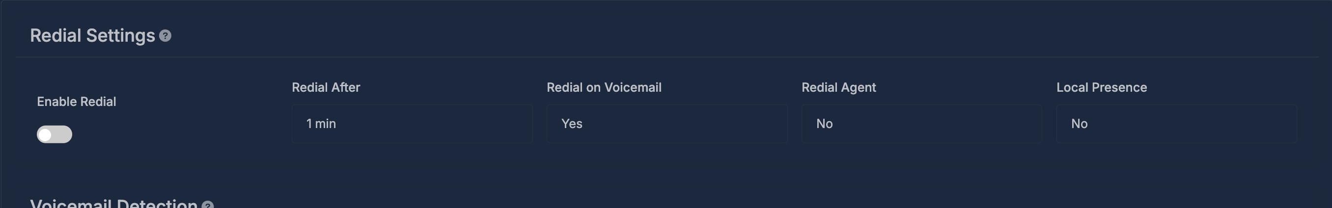 Redial settings controls