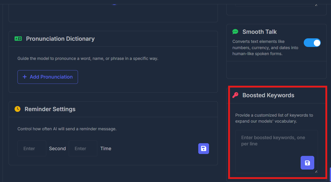 Boosted keywords text area and save