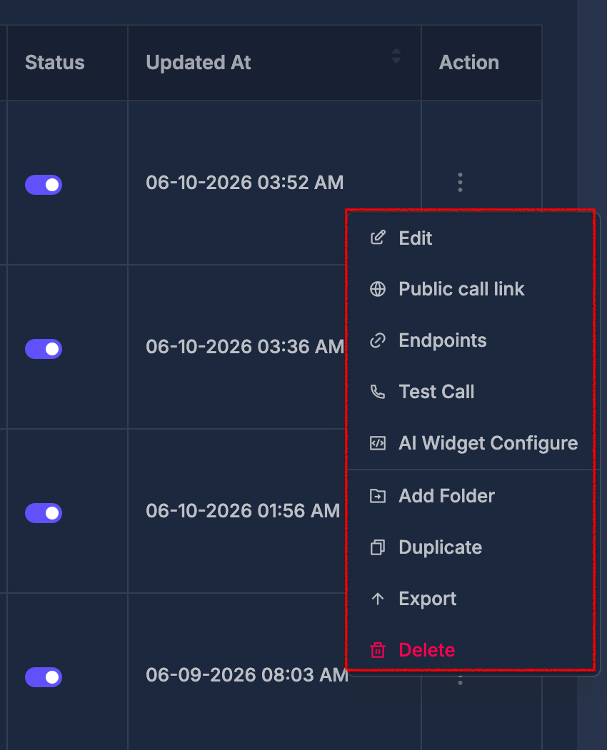 Agent row action menu