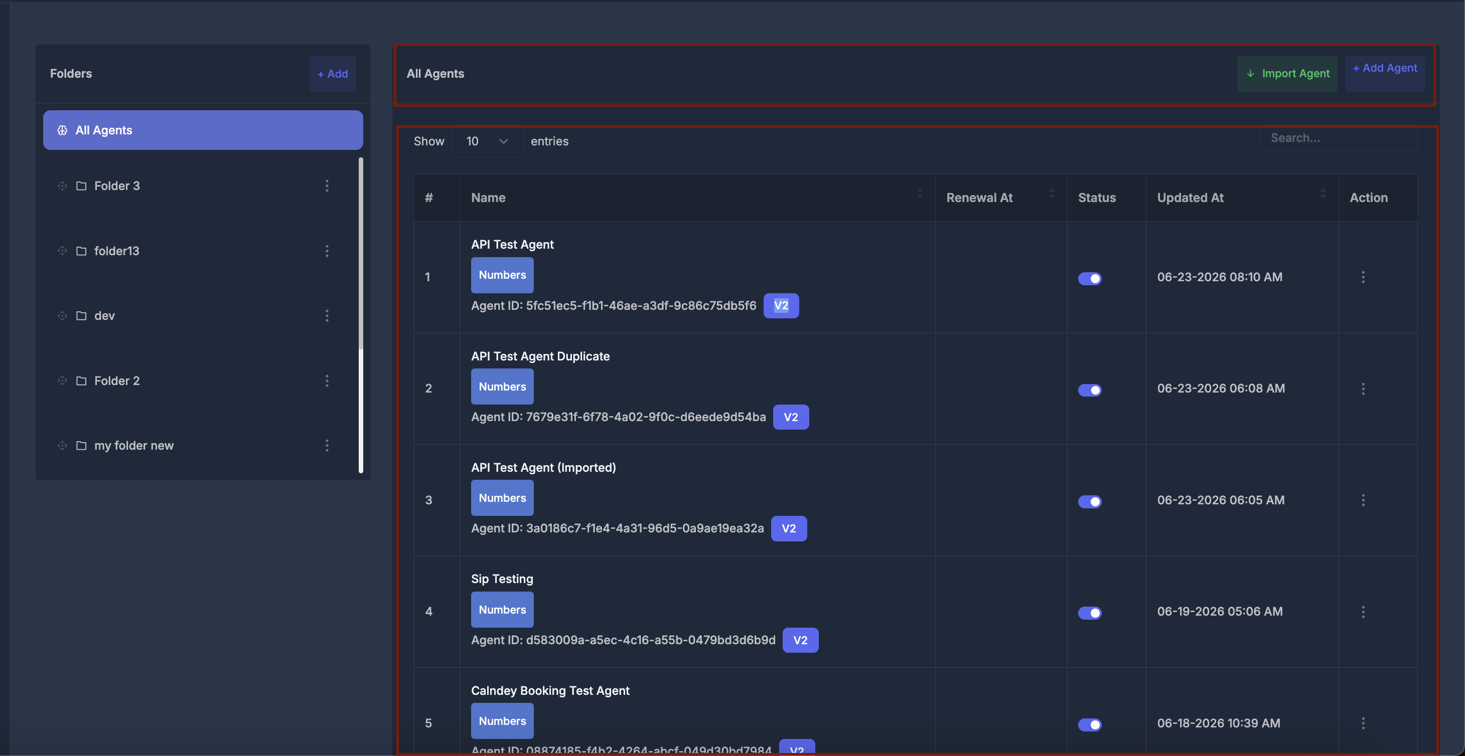 Import Agent and Add Agent above the table