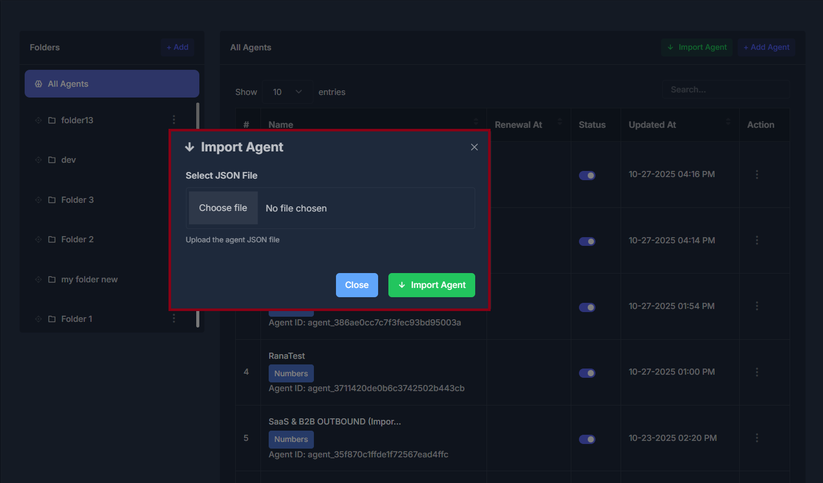 Import Agent window with file preview
