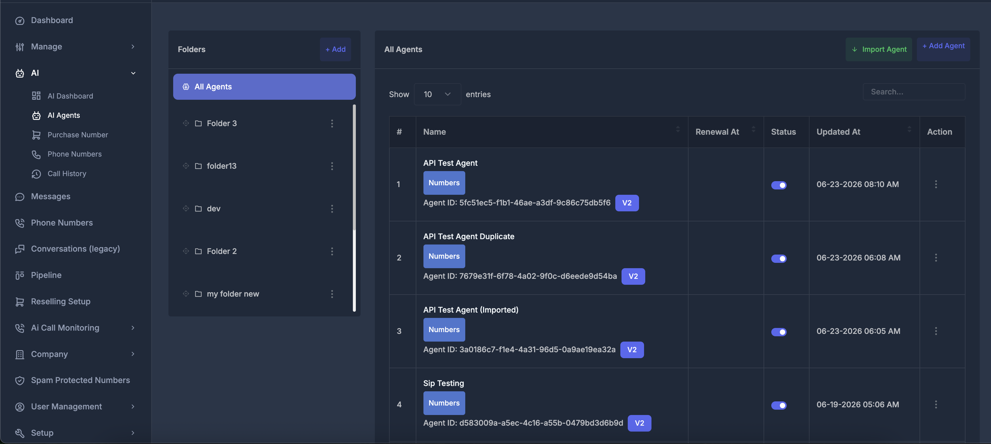 AI Agents page with folders and All Agents list