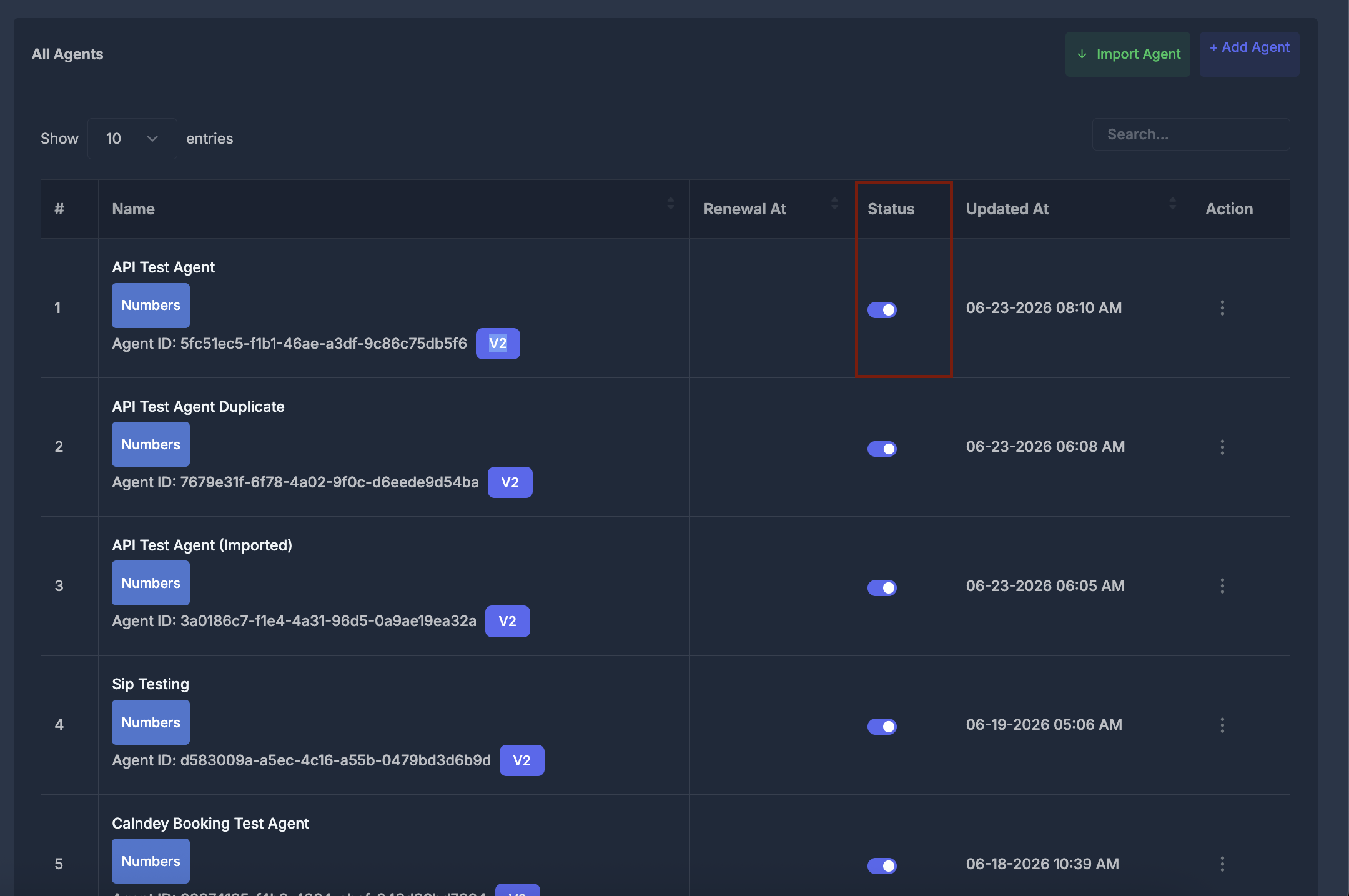 Agent status toggle in the table