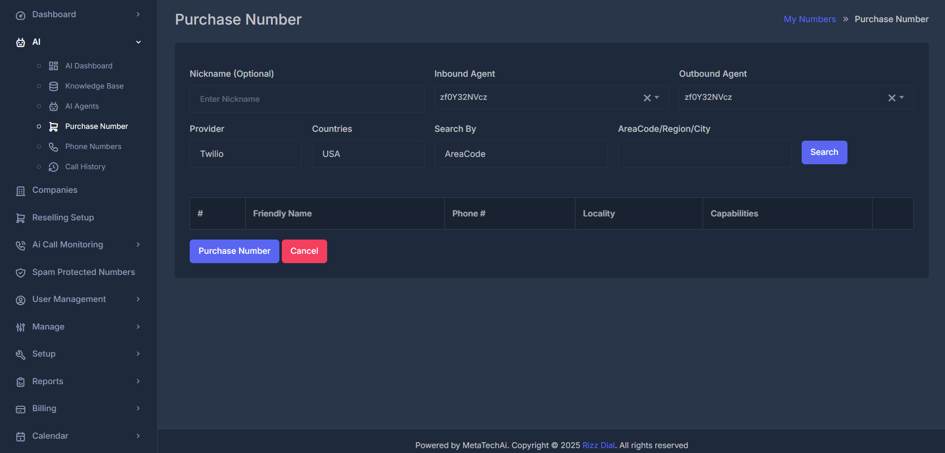 Purchase Number page with nickname, agents, provider, and search