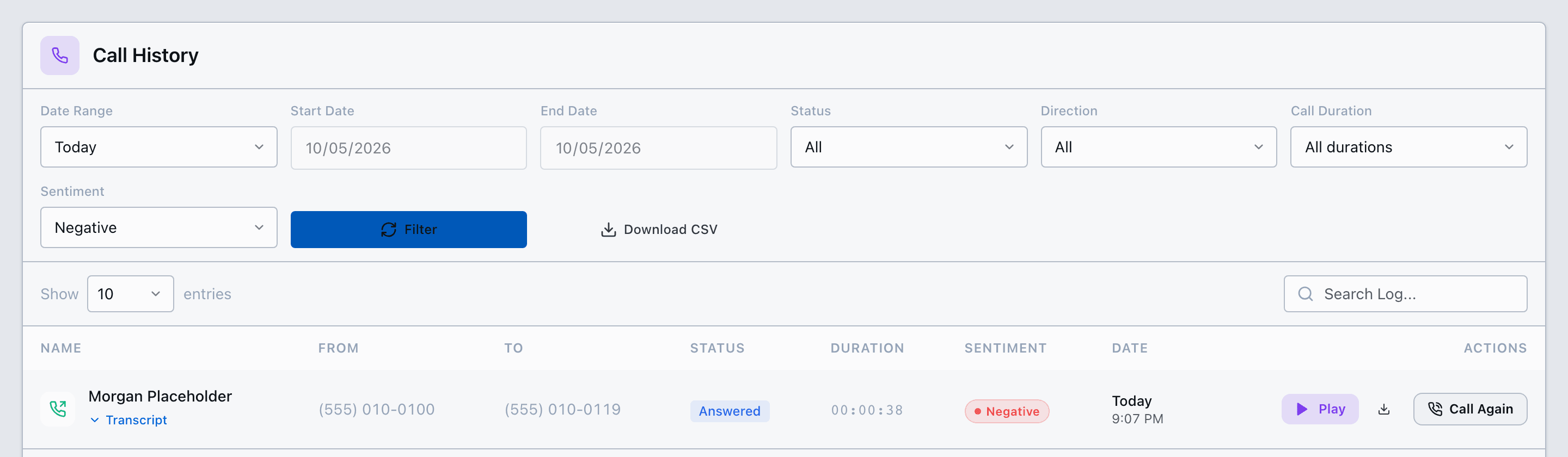 Call History with the Sentiment filter set to Negative and one matching call