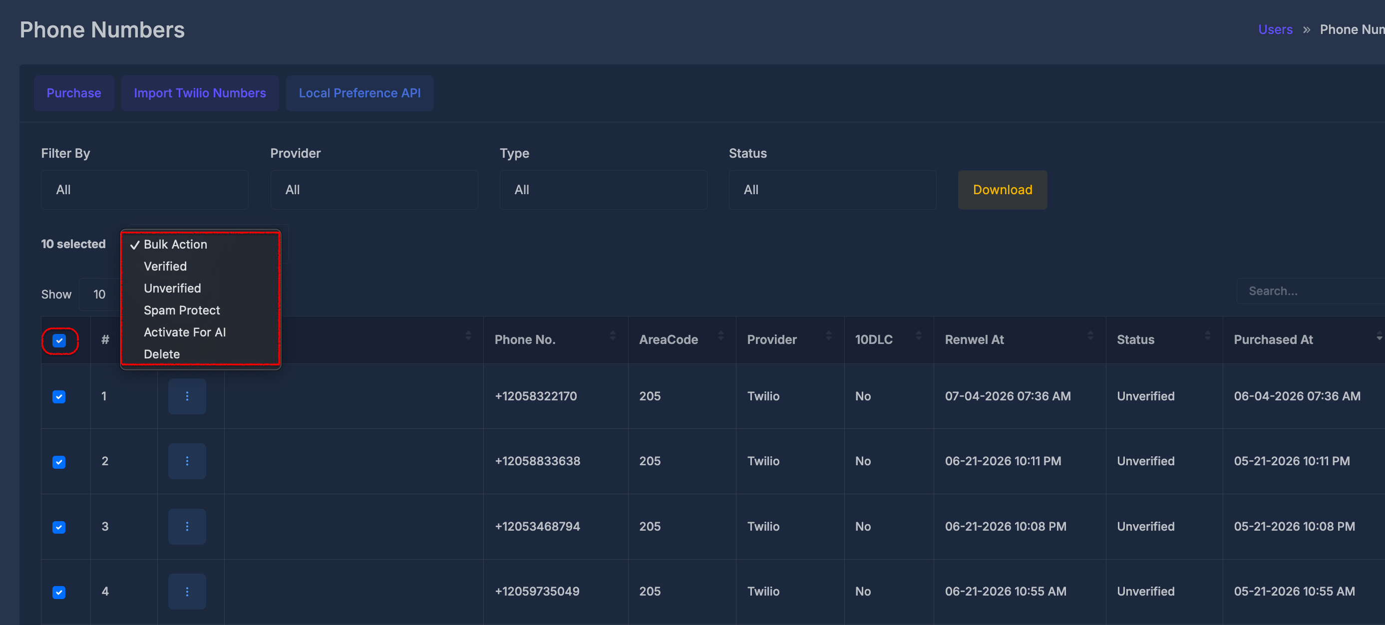 Import Twilio Numbers window with available phone numbers and Import buttons