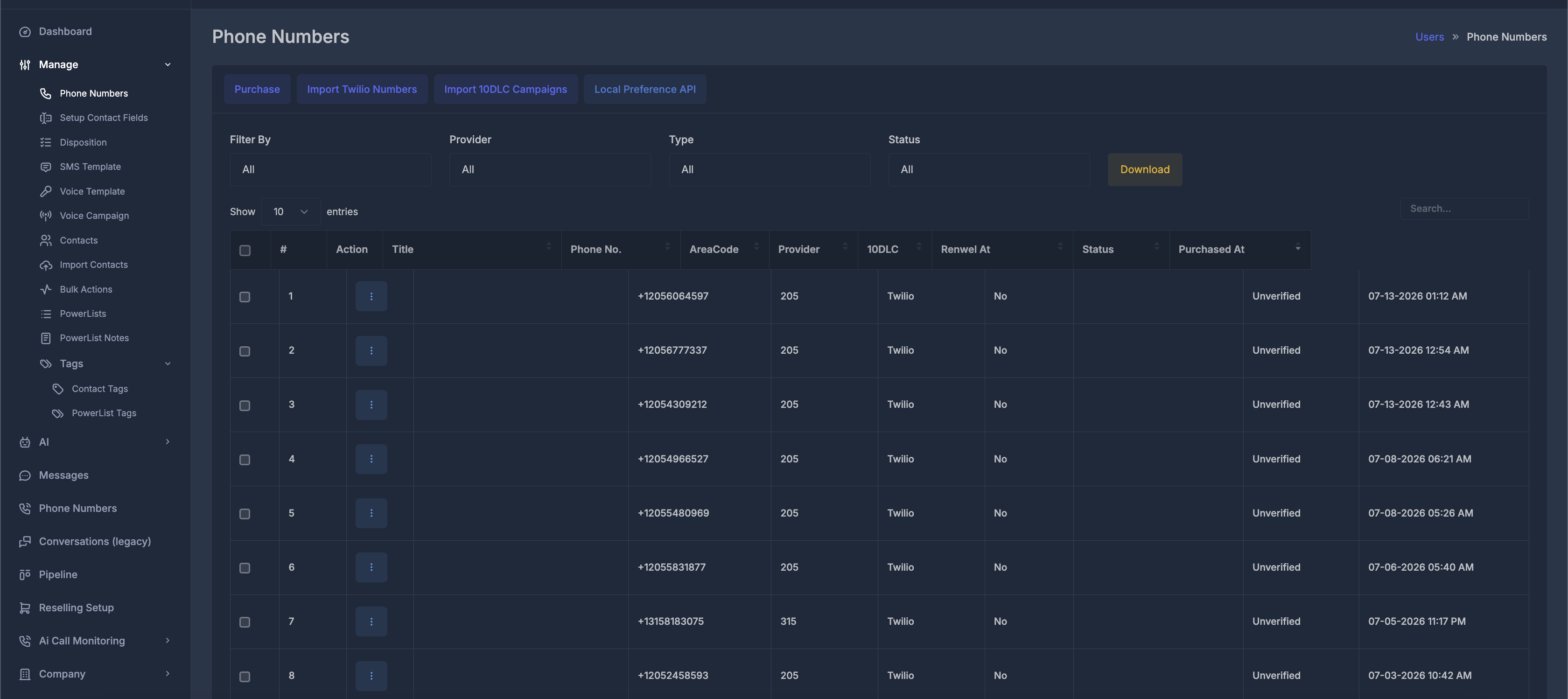 Phone Numbers page with action buttons, filters, and the phone number table