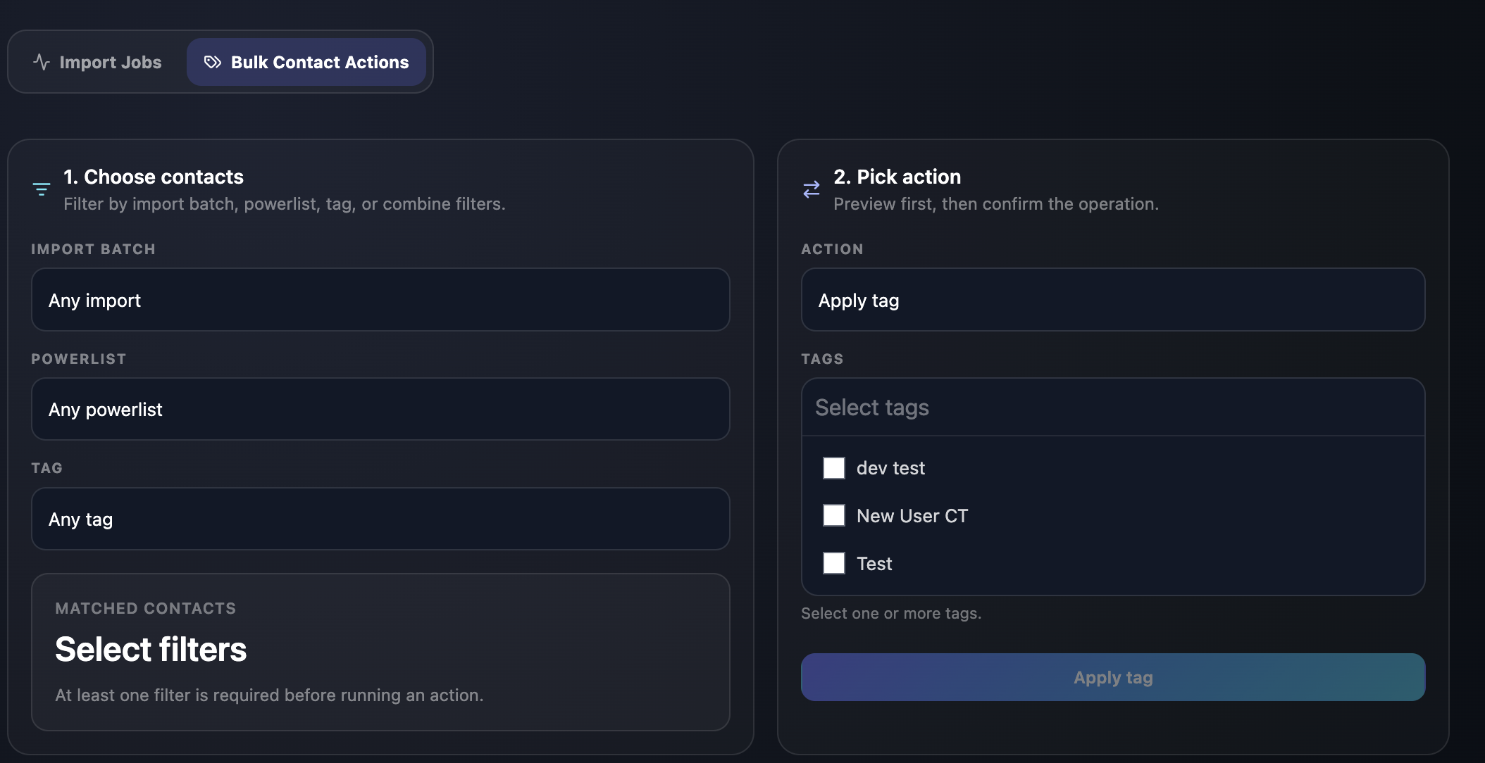 Bulk Contact Actions with contact filters and action picker
