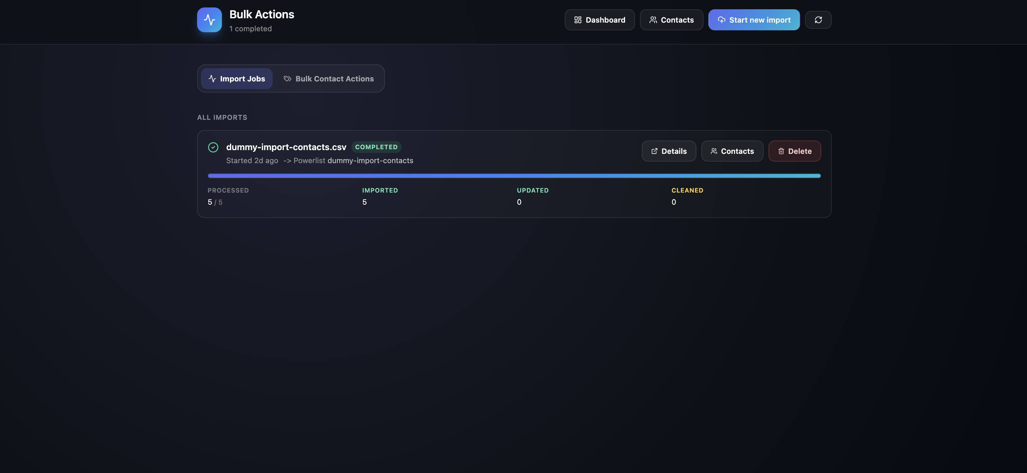 Bulk Actions page with Import Jobs tab