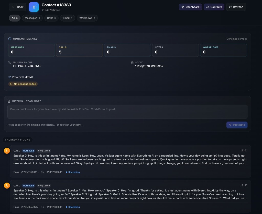 Contact activity page with details, notes, and call timeline