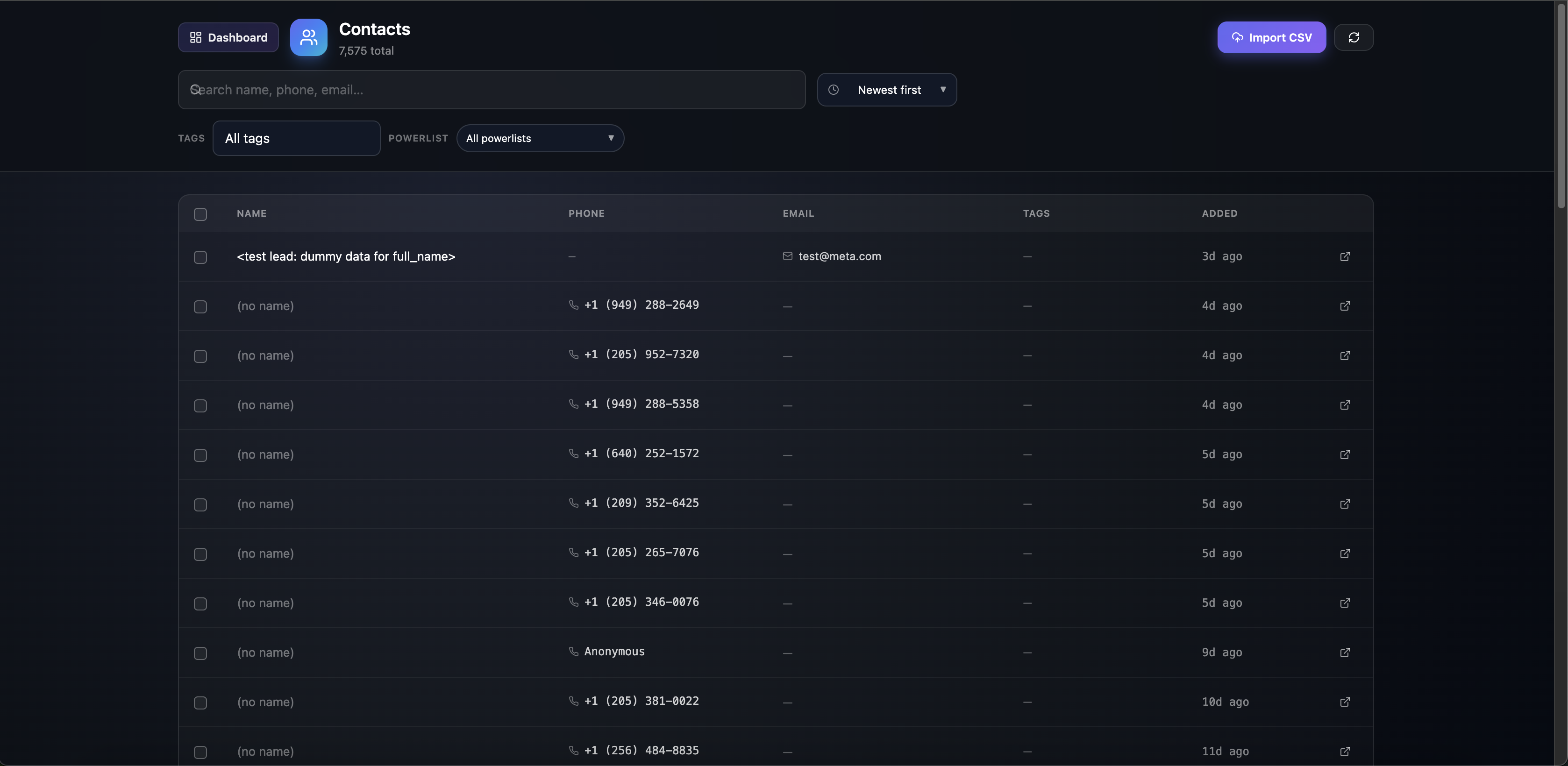 Contacts page with search, filters, and contact table