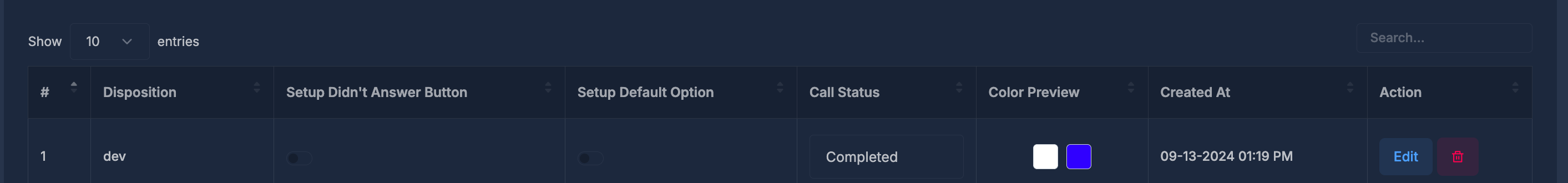 Disposition table with toggles, status, color preview, and actions