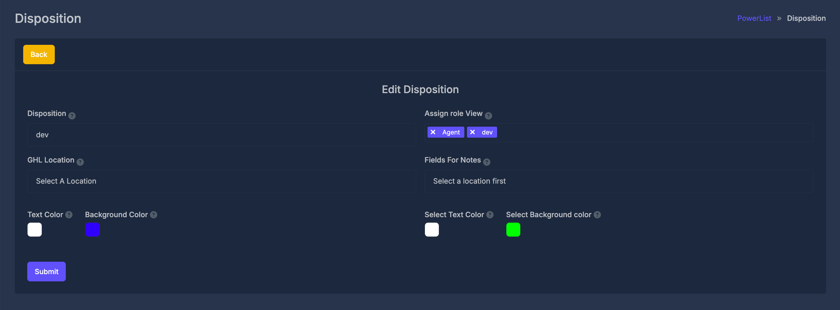 Edit Disposition form