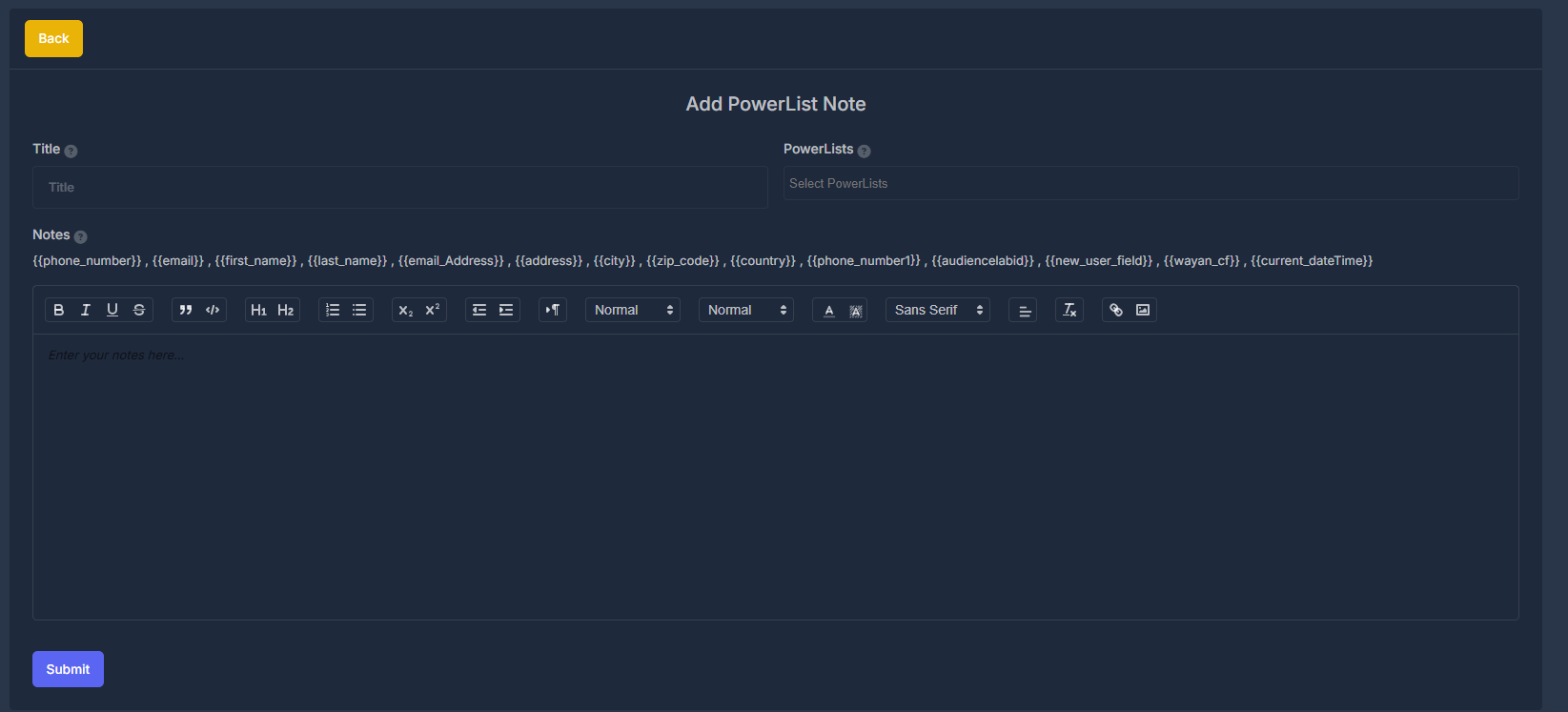 Add PowerList Note form