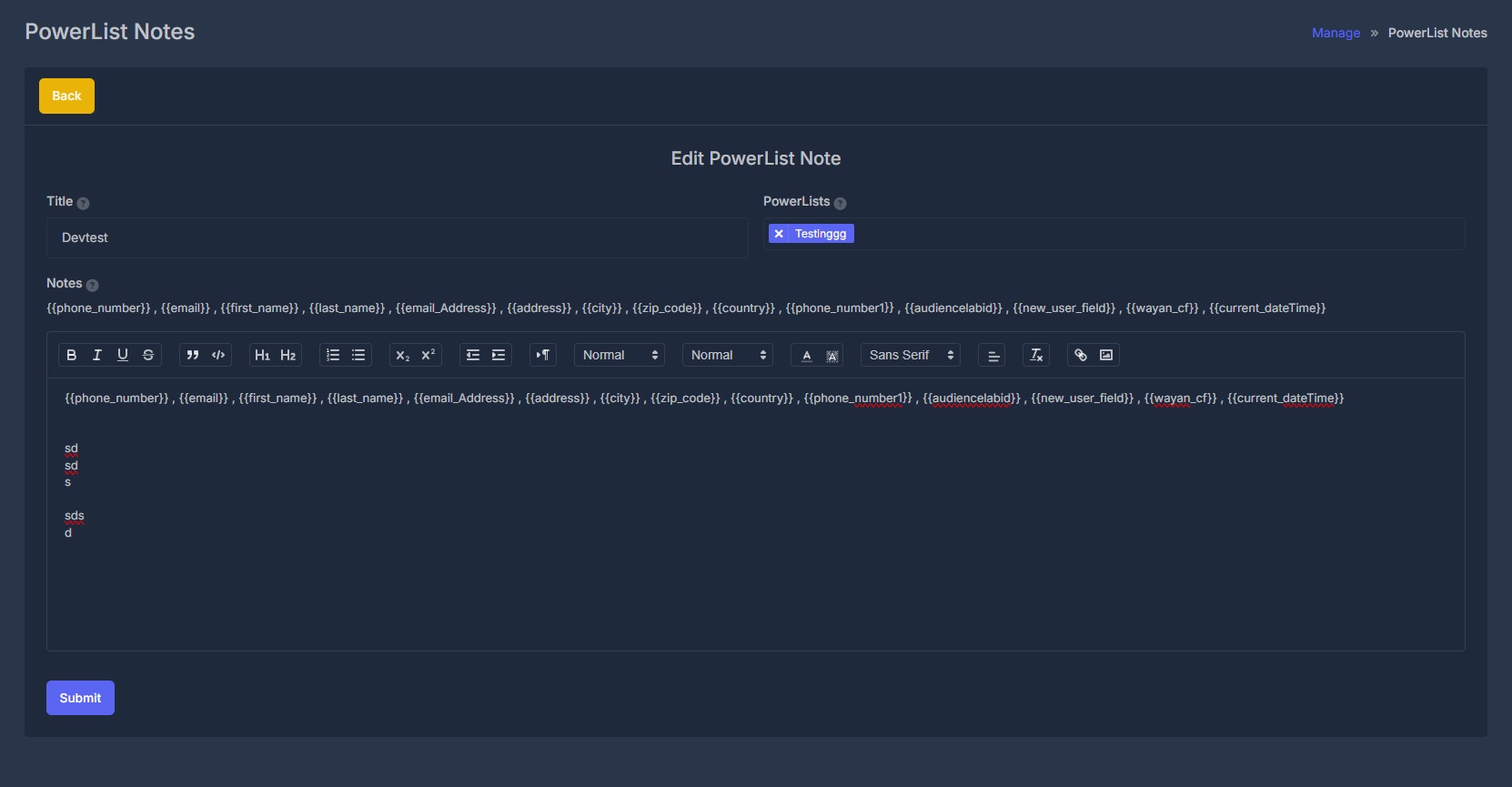 Edit PowerList Note form