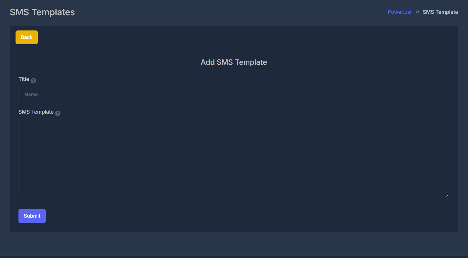 Add SMS Template form