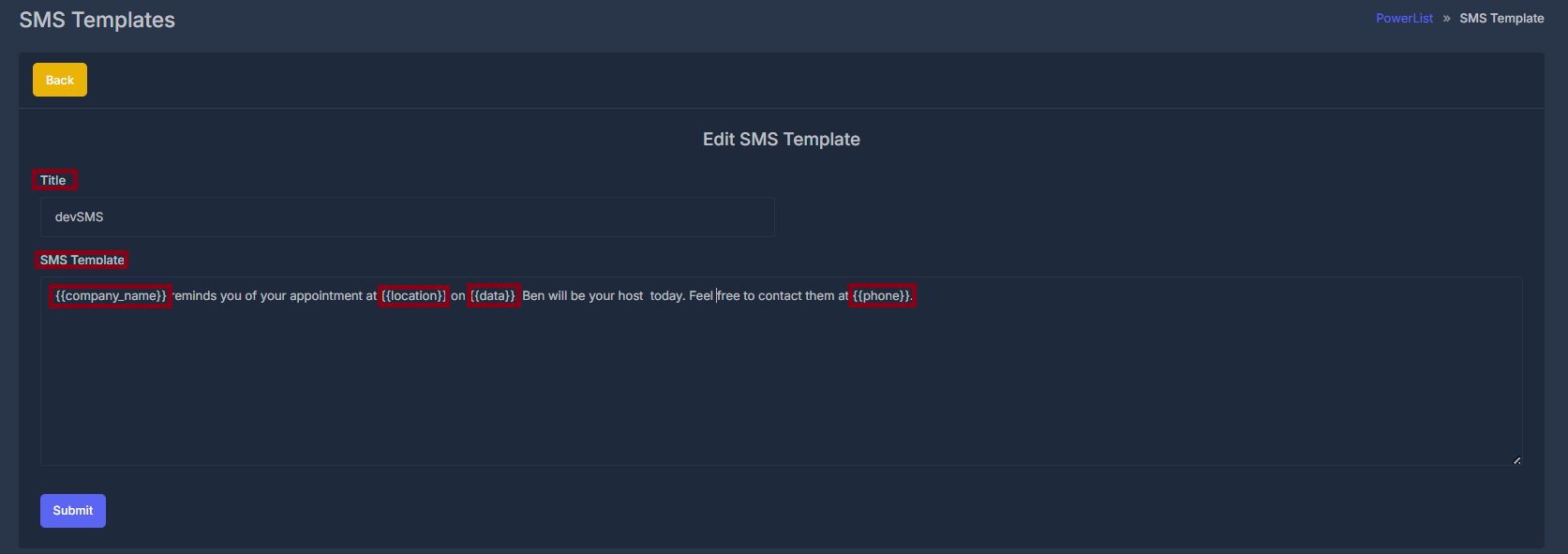 Edit SMS Template form