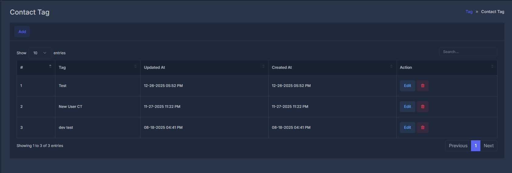 Contact Tags list view