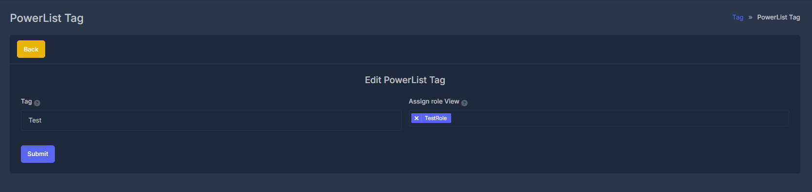Add PowerList Tag form