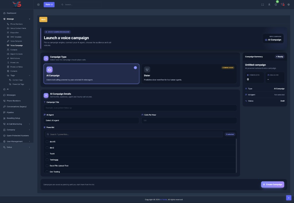 Launch a voice campaign form with AI Campaign type and summary panel