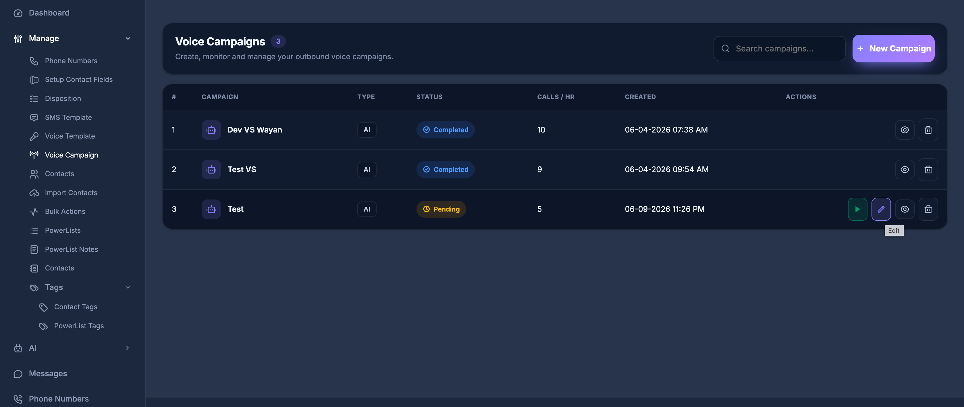 Voice Campaigns list with search and New Campaign button