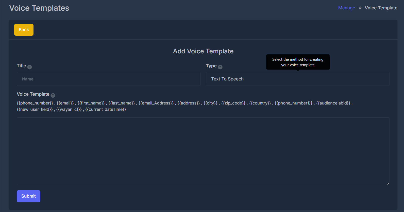 Add Voice Template form