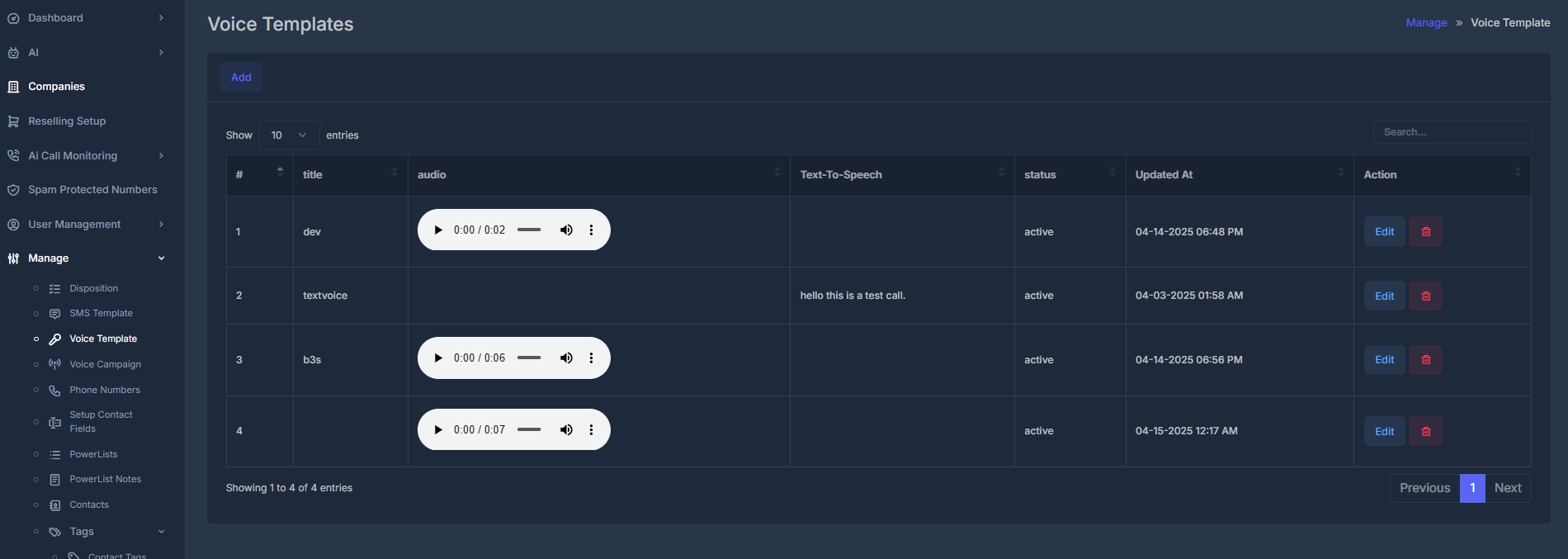 Voice Templates list view
