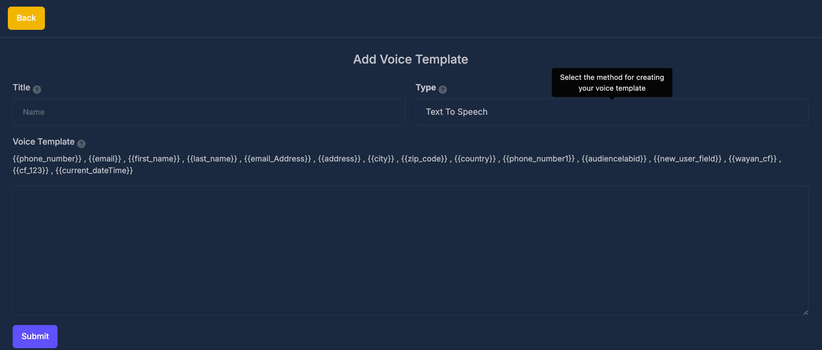 Add Voice Template form