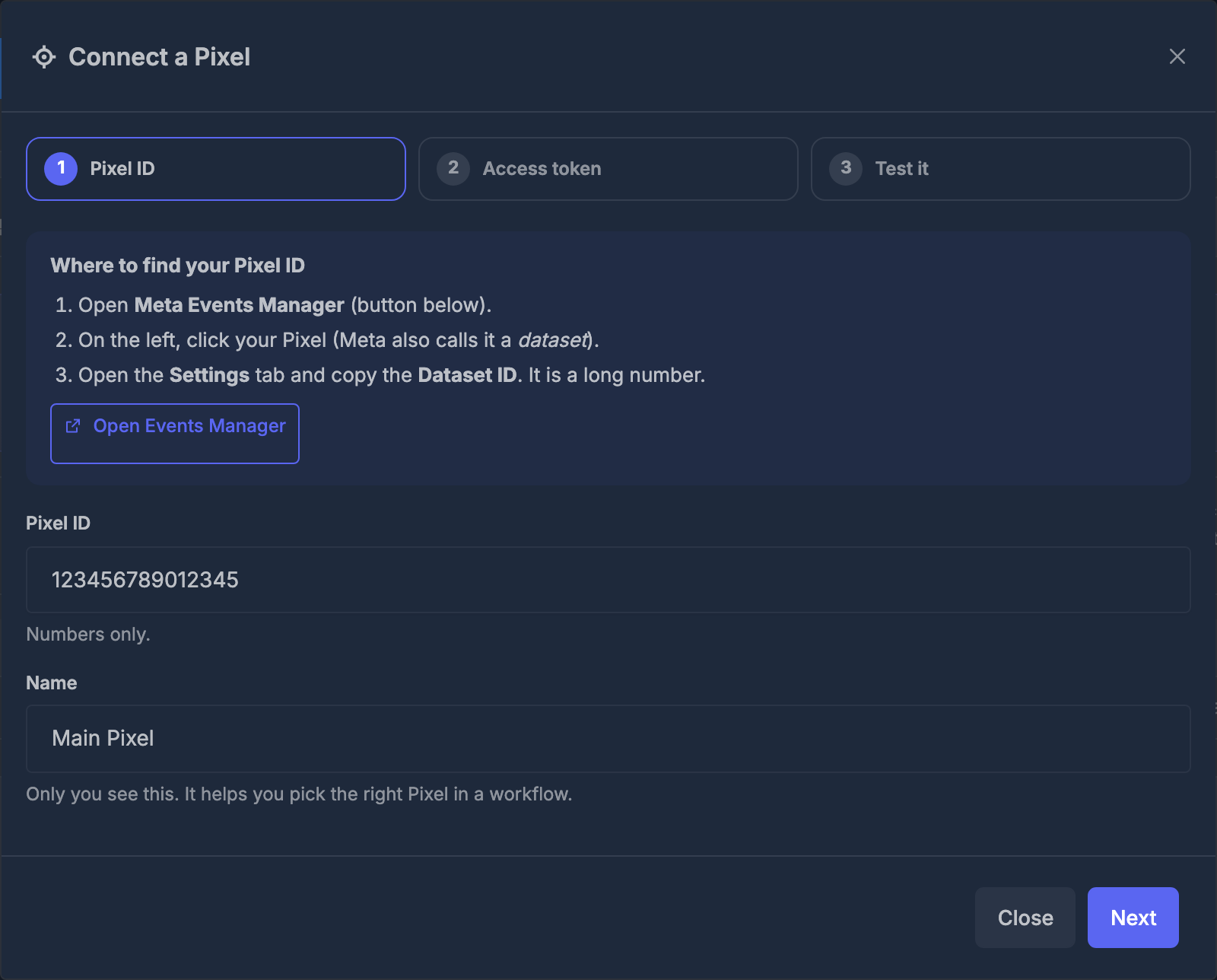 Wizard step 1: where to find the Pixel ID, with the Pixel ID and Name fields