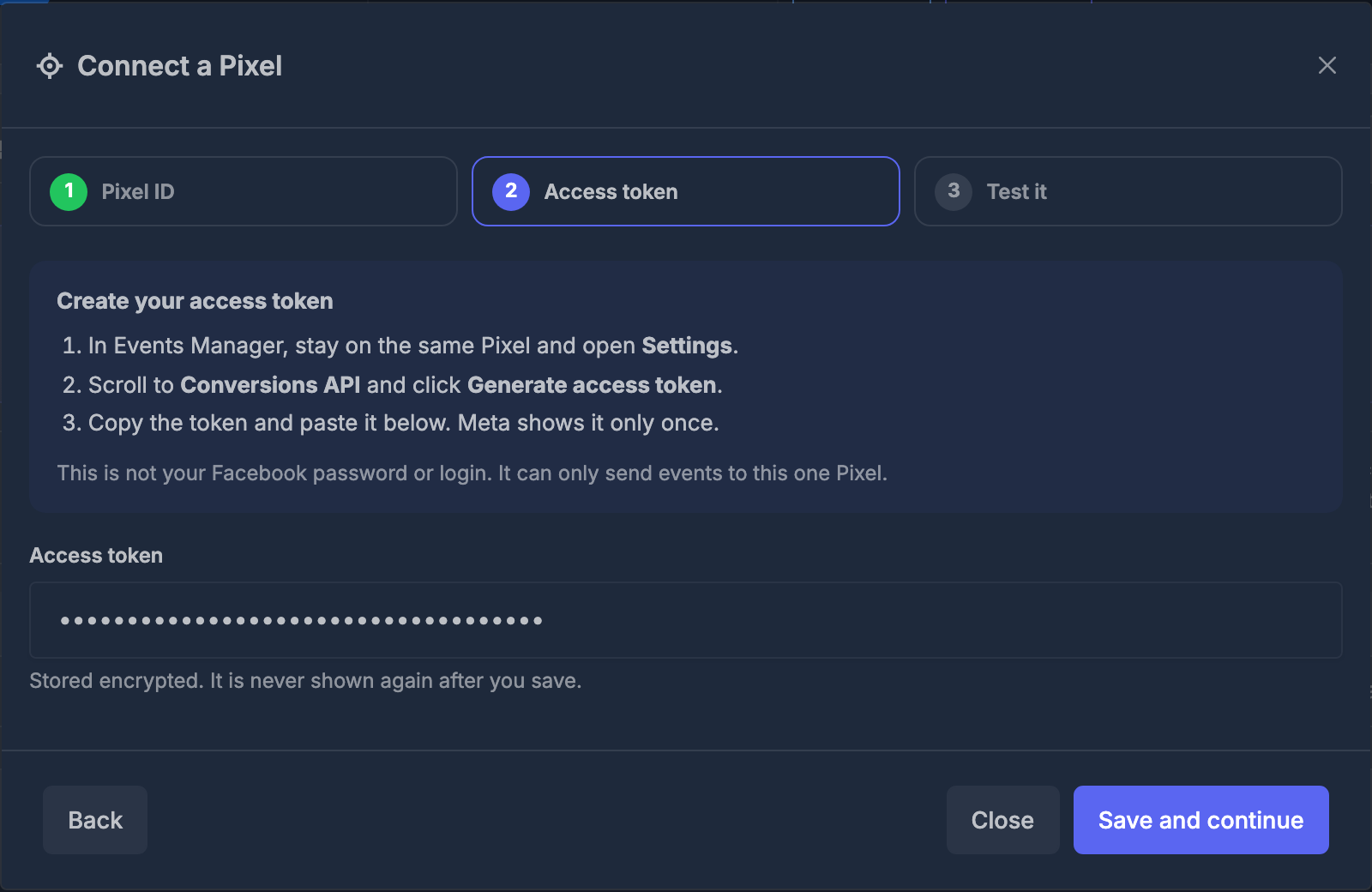Wizard step 2: where to create the access token, with the Access token field
