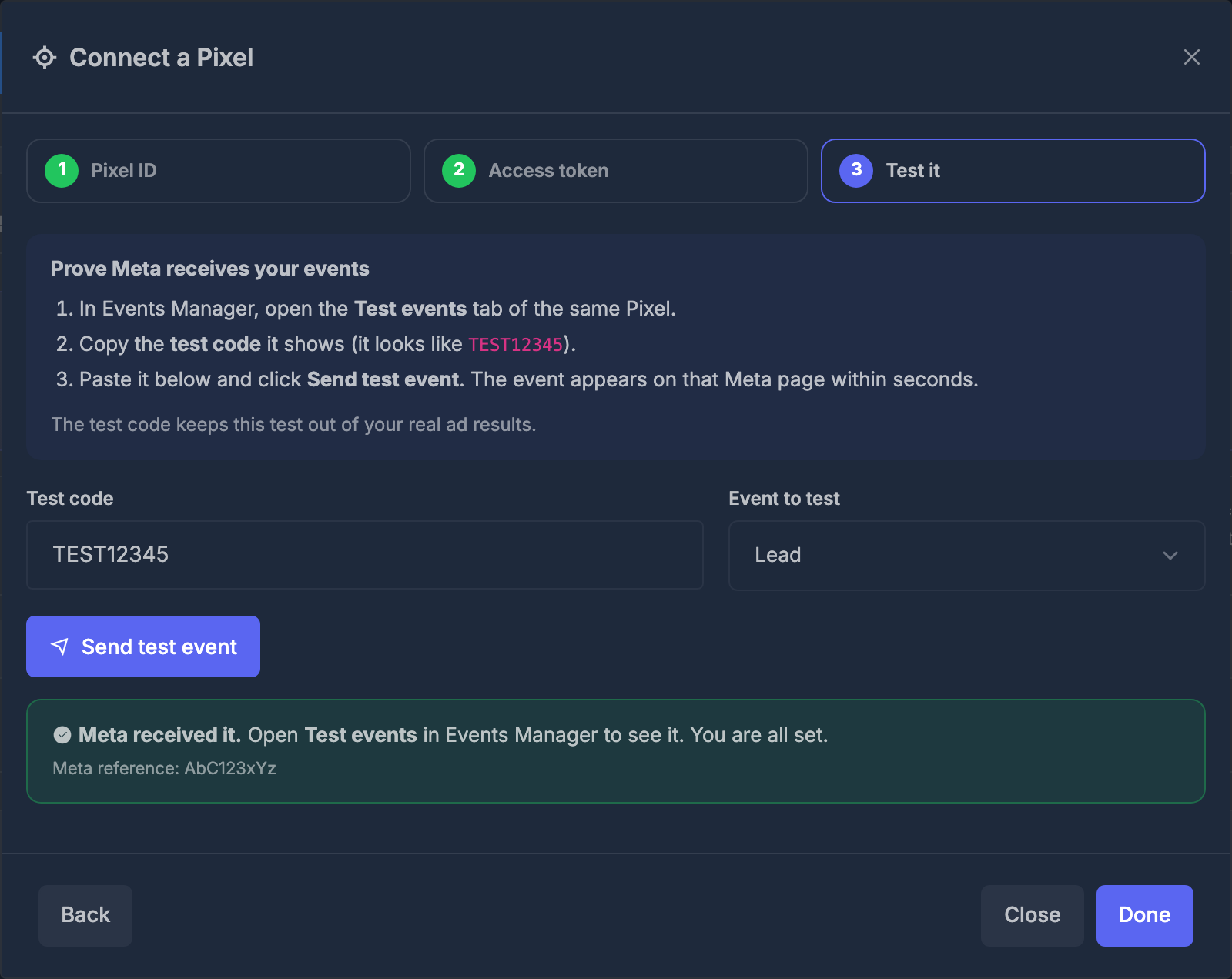 Wizard step 3: test code entered and the Meta received it confirmation