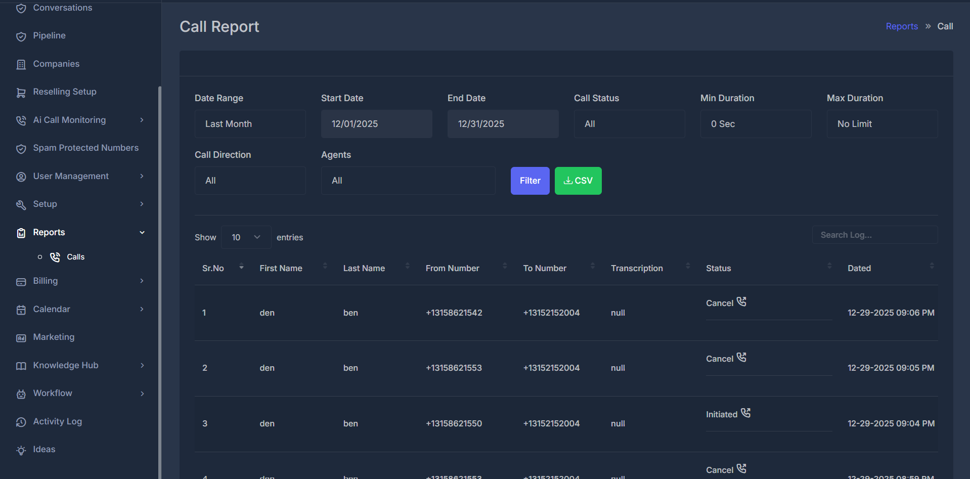 Call report table and filters
