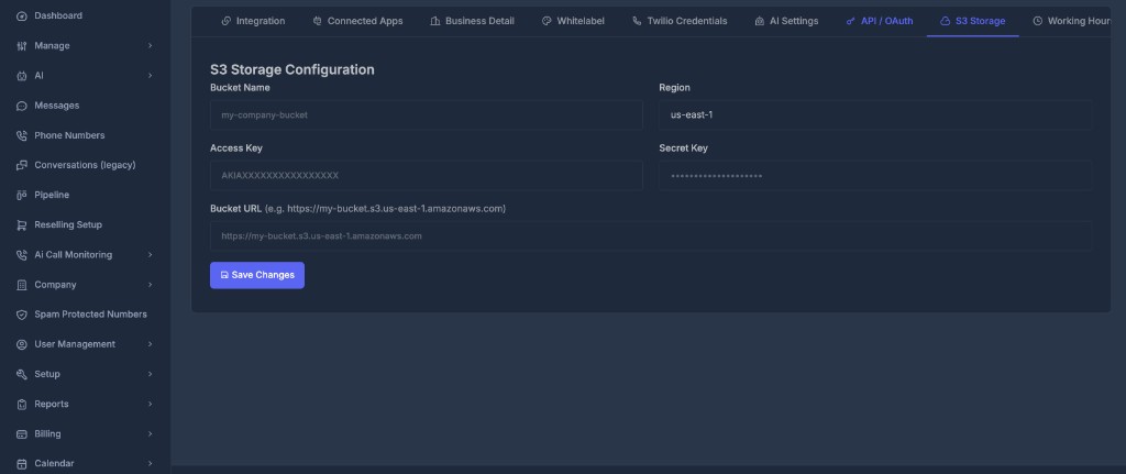 S3 Storage Configuration form in Settings