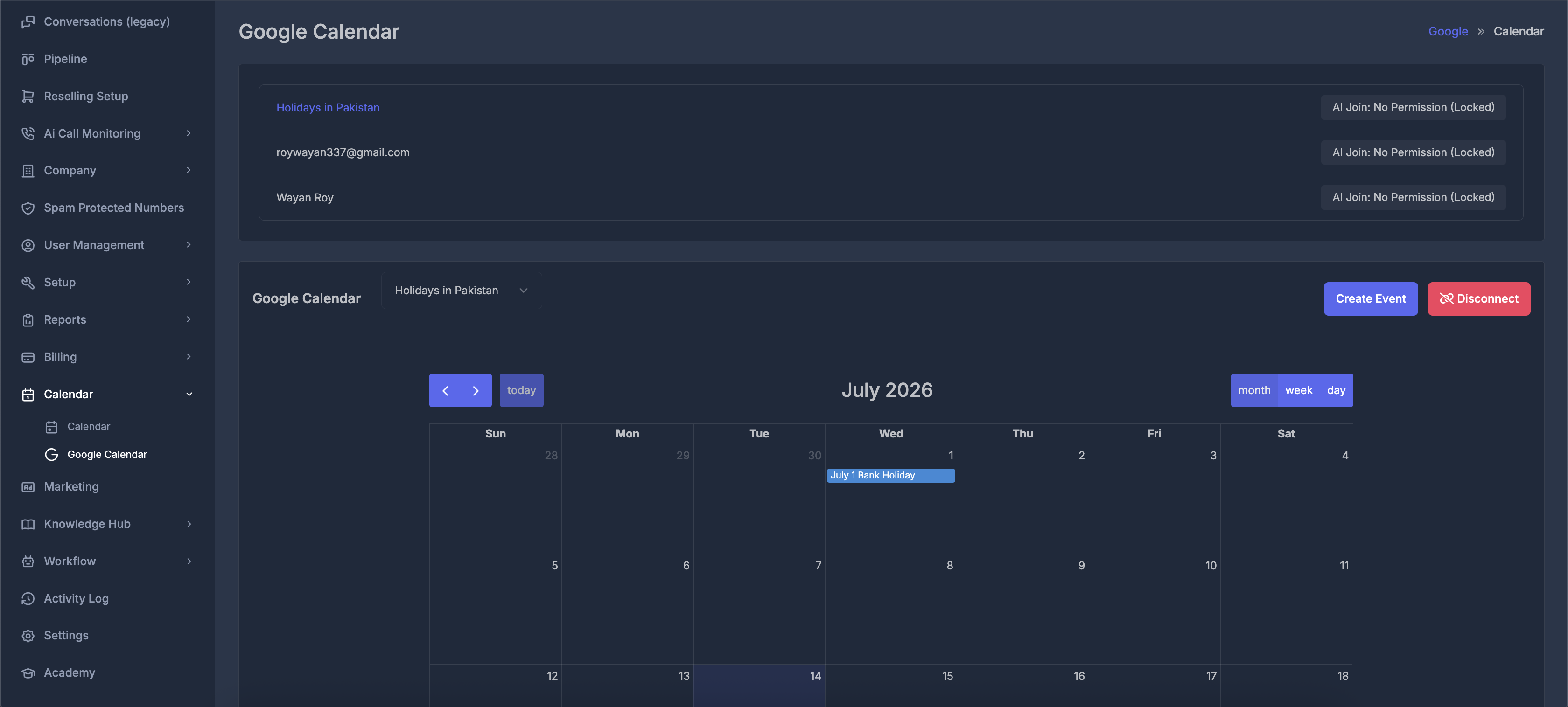 Screenshot of the Integrations page highlighting Google Calendar, Google Sign In, LeadConnector, and Facebook Lead Ads options