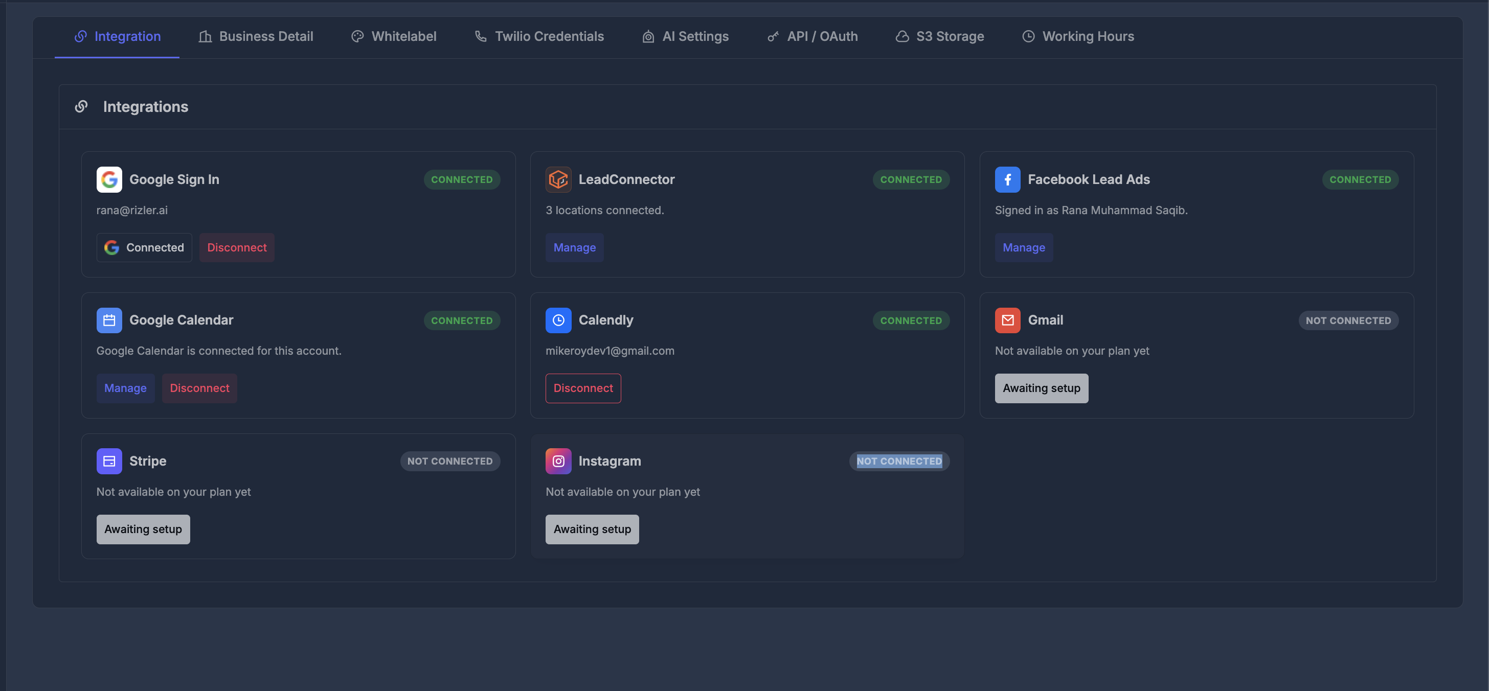 Integrations tab showing Google Sign In, LeadConnector, Facebook Lead Ads, and other integration cards