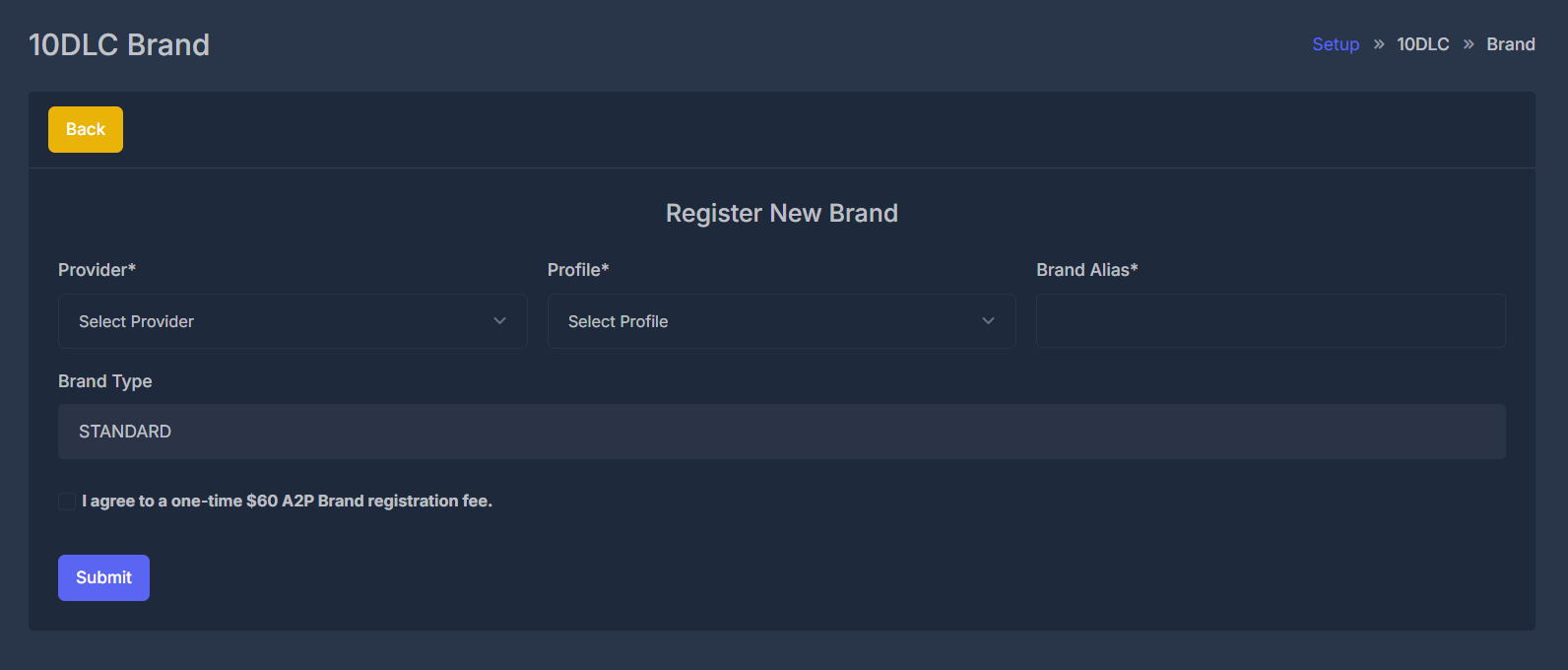 10DLC Brand Registration Form - Simplified registration interface