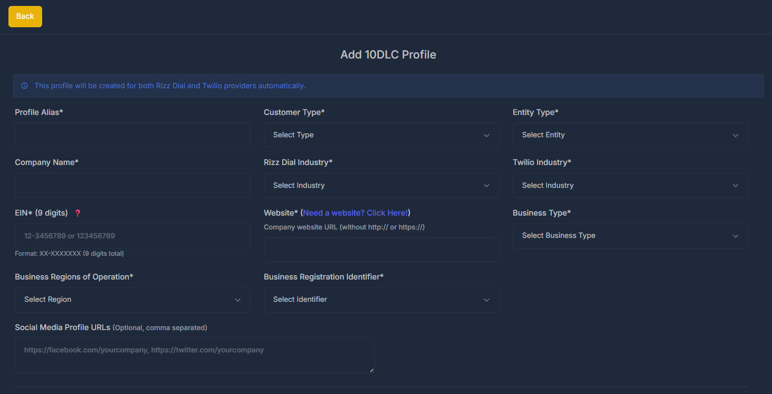 Add 10DLC Profile Form