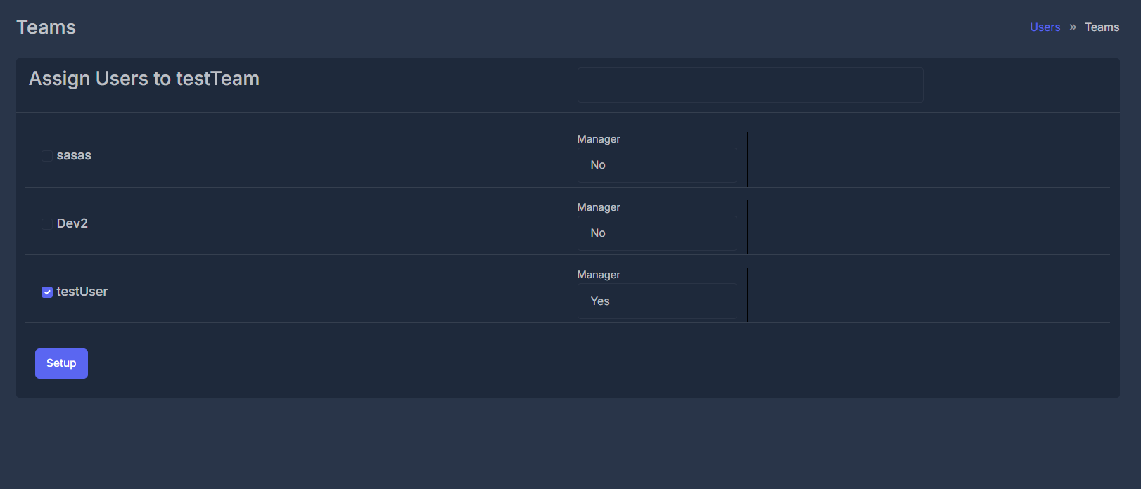 Assign users to team with search and manager options