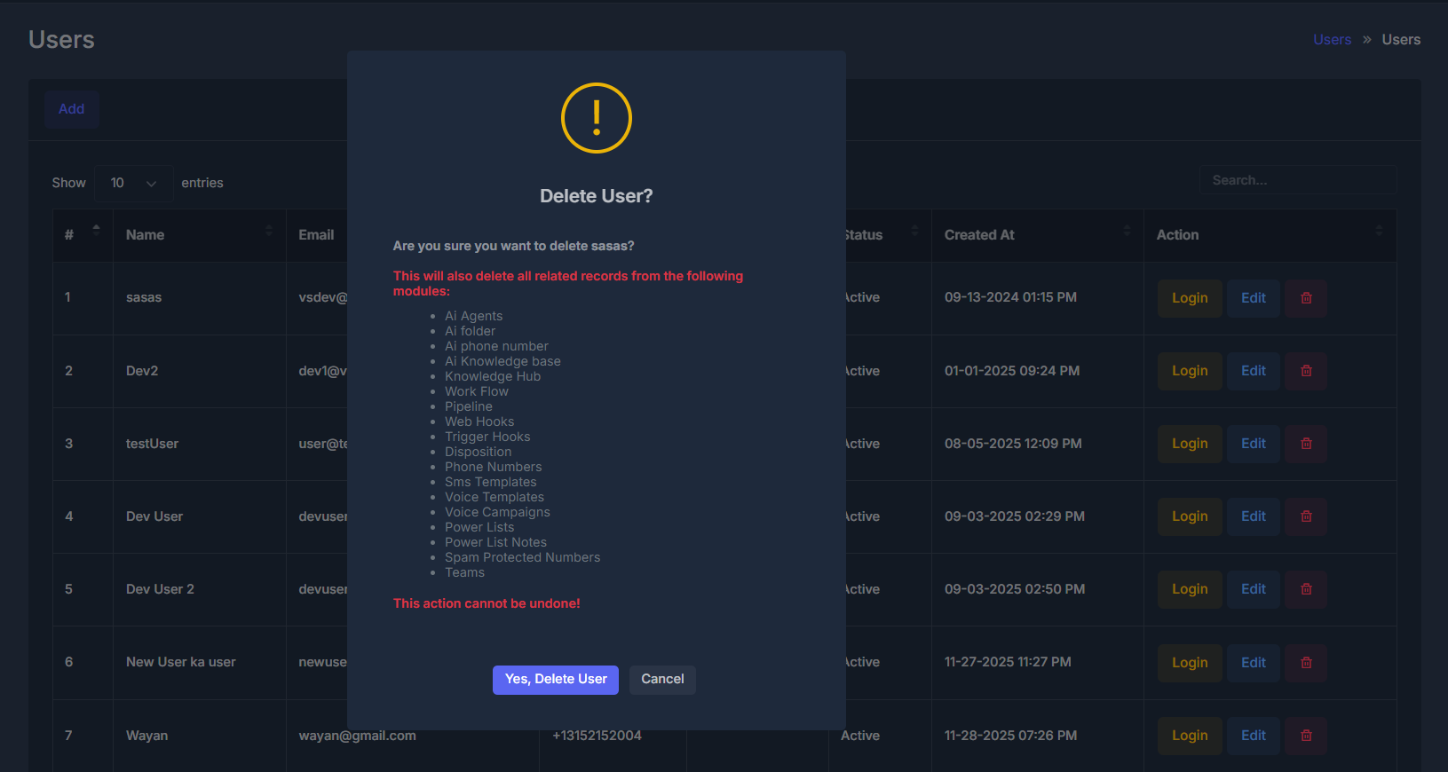 Delete user confirmation