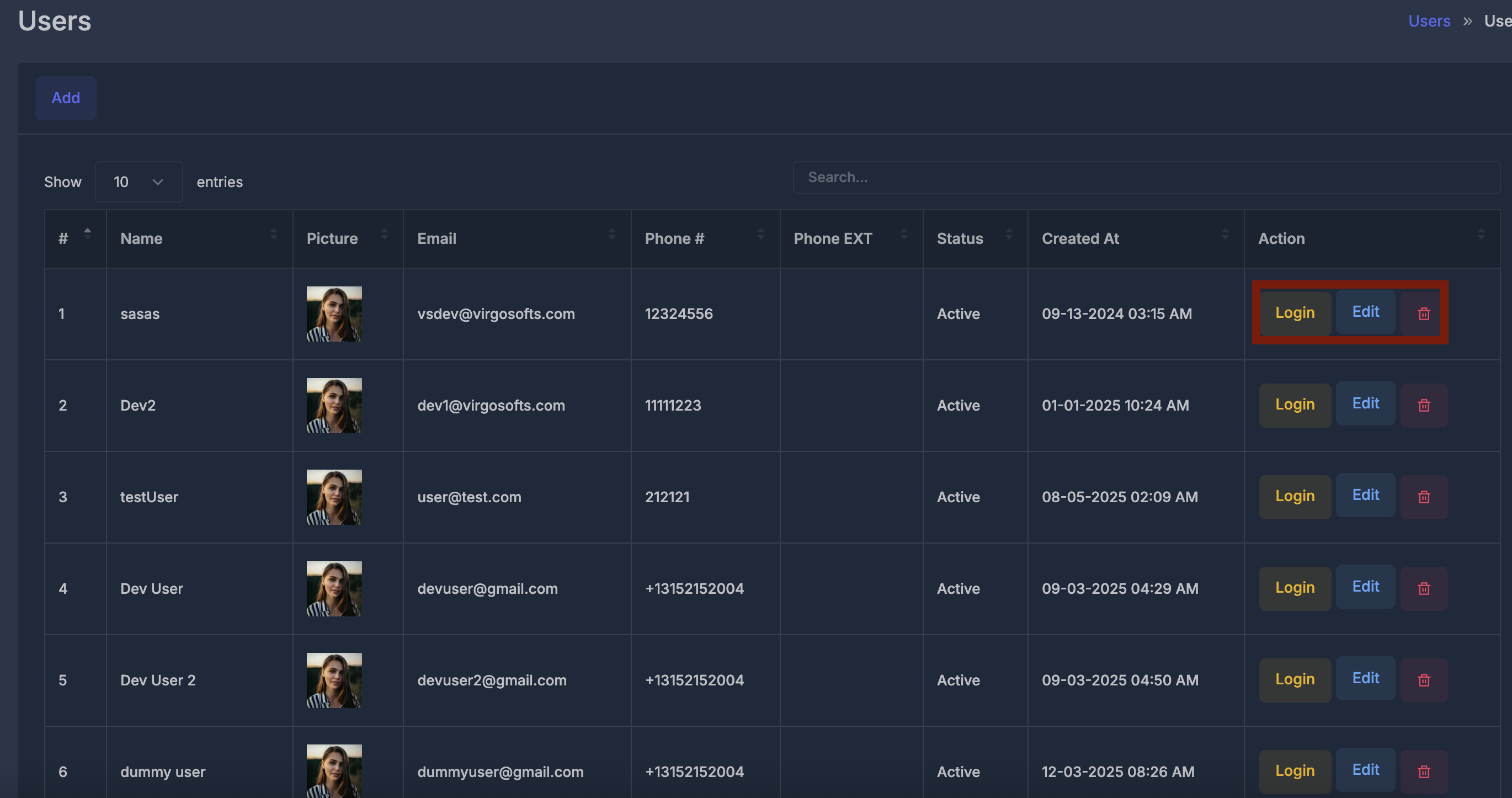User row actions