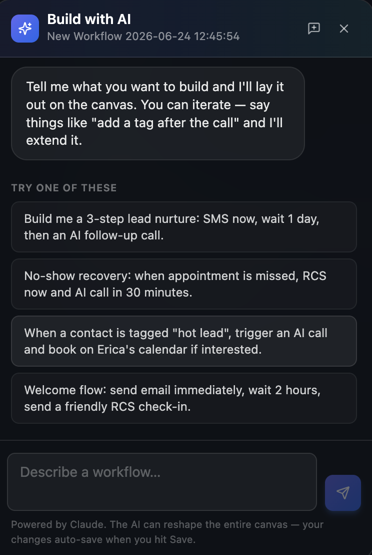 Build with AI modal with example prompts and a Describe a workflow input