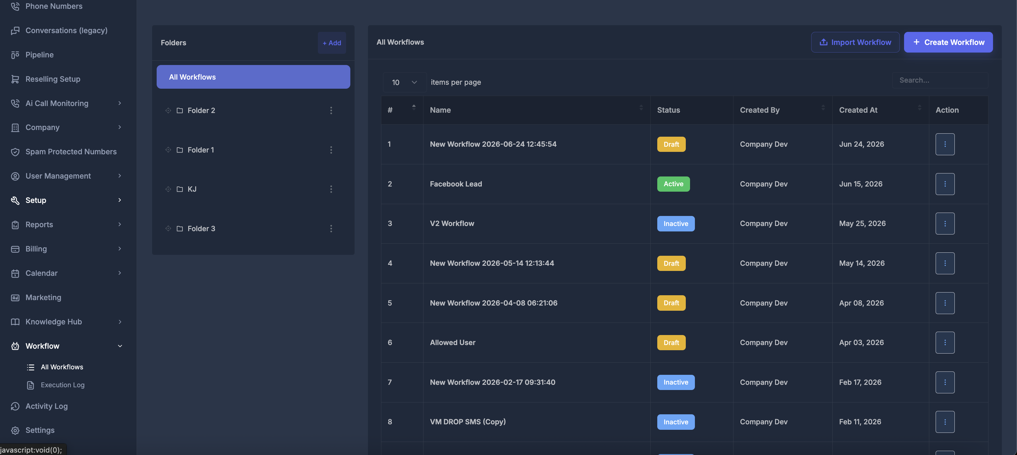 Workflows page with Folders panel on the left and All Workflows table on the right