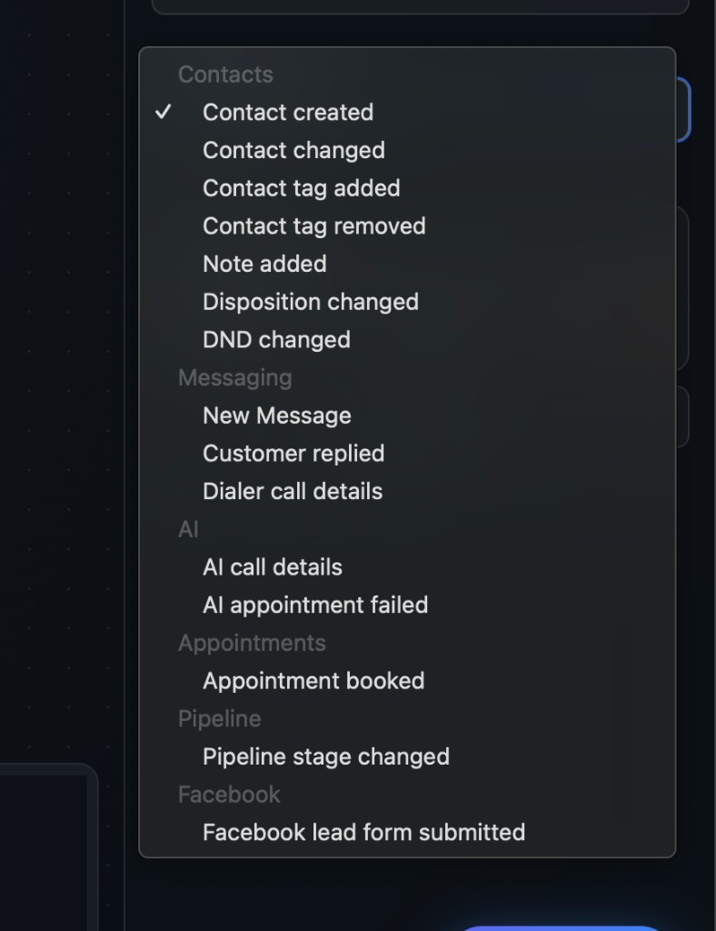 Trigger Event dropdown showing Contacts, Messaging, AI, Appointments, Pipeline, and Facebook options